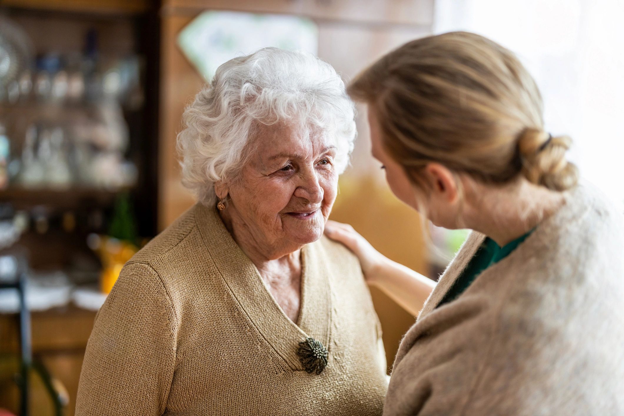 Health visitor talking with a senior woman during a home visit